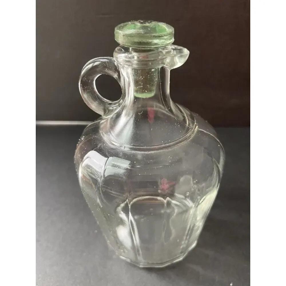 Vintage Paneled Cruet Jar Syrup Vinegar Bottle Clear Green Retro Cottagecore